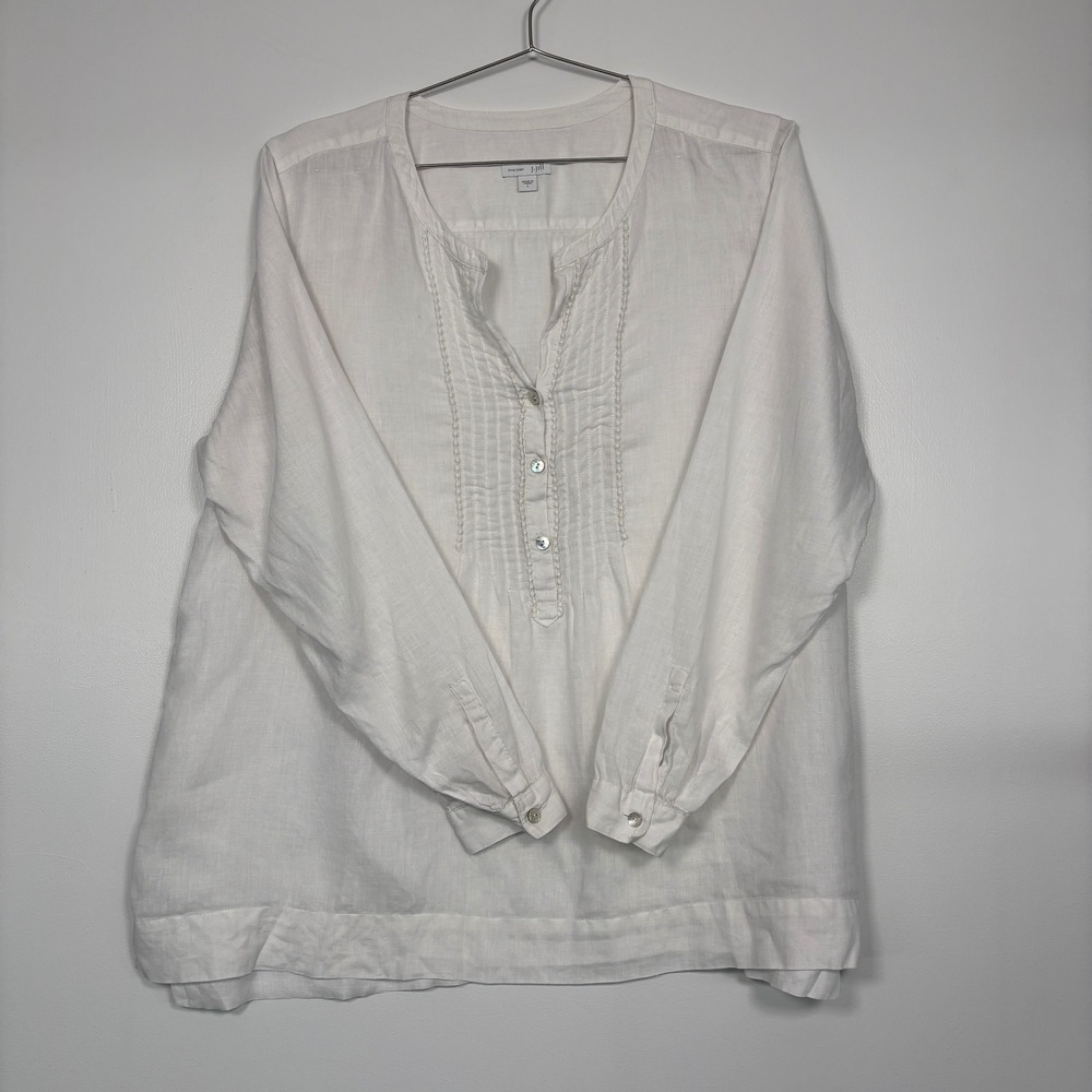 J. Jill Women Tunic Top L White Love Linen Pintuck Split Neck Long Sleeve Beach - Picture 2 of 12